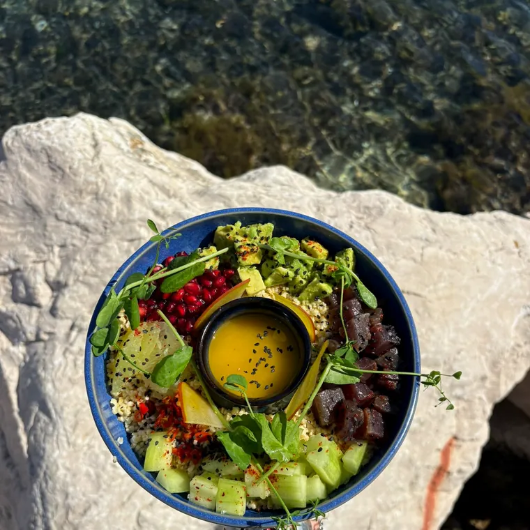Bowl de légumes, avocat et thon posé sur la roche blanche du rivage.